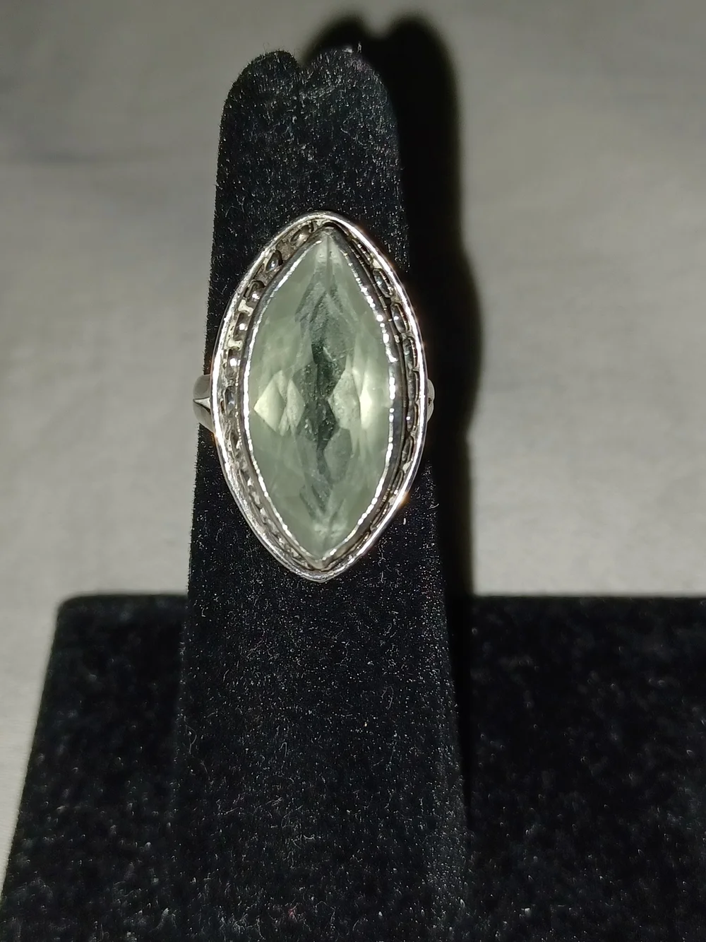 Silver Ring with Light Green Amethyst Prasiolite Marquise Gemstone Approx Size 5